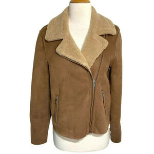 H&M 0 brown faux suede biker moto jacket with‎ zipper accents